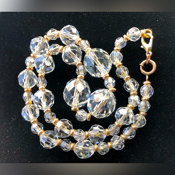 1930s Simmons Crystal Bead Necklace with Gold Filled Spacers on Gold Chain⨠- Picture 1 of 7
